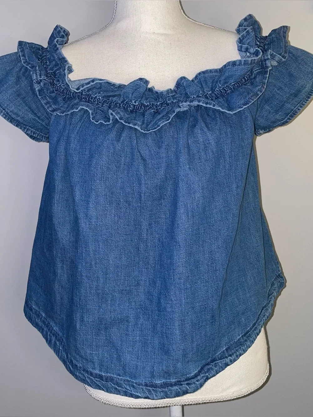 Free People Ruffle Denim Short Sleeve Blouse
